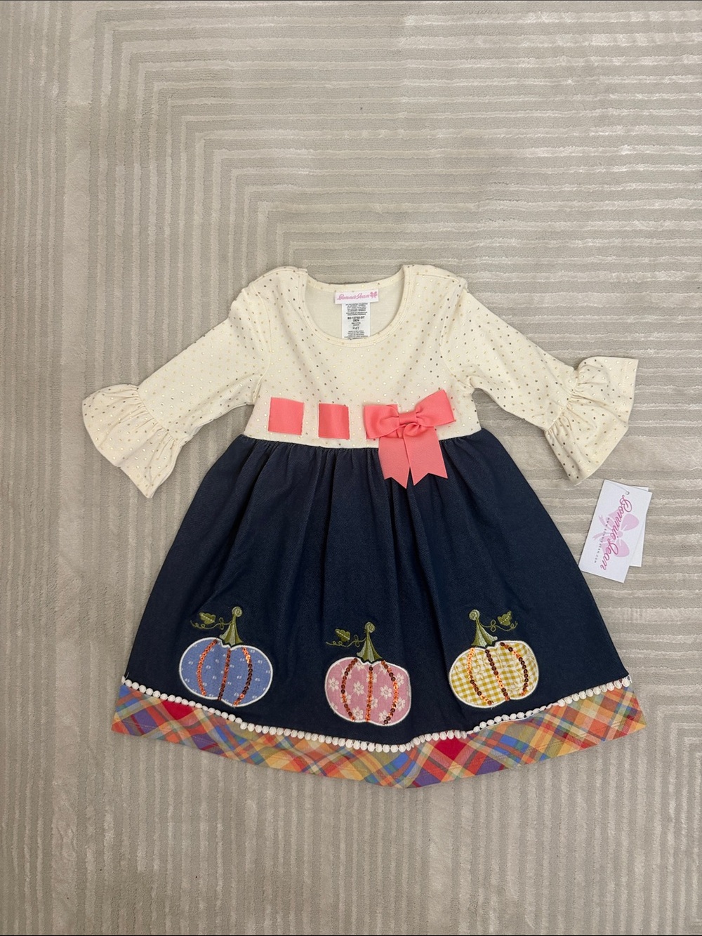 Bonnie Jean Cream & Navy Dress with Pink Bow and Pumpkin Appliqués